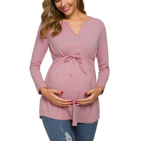 

Giligiliso Clearance Maternity Clothes for Women Maternity V-Neck Long Sleeve Bandage Solid Color Breast-Feeding Pregnant Nursing Blouse Tops