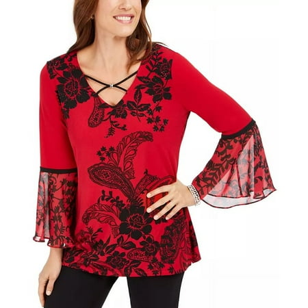 JM Collection Women's Printed Rhinestone Embellished Crisscross Top Red Size Small