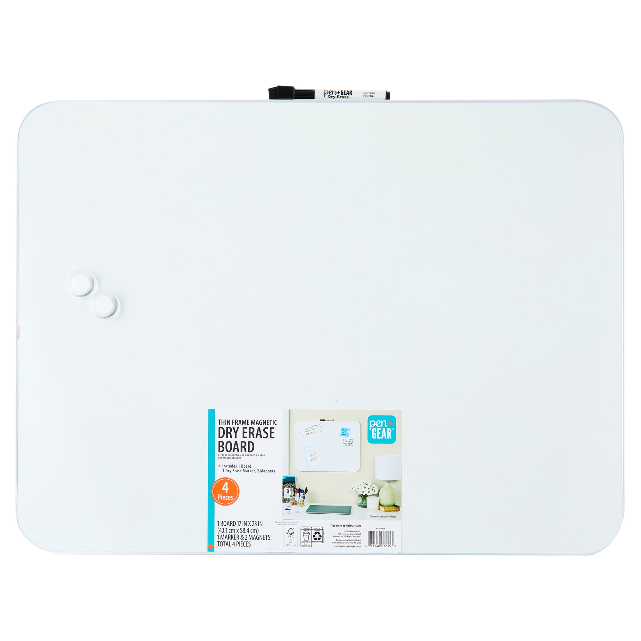 Pen+Gear Magnetic Dry Erase Board with Dry Erase Marker and 2 Magnets, White, 17" x 23"
