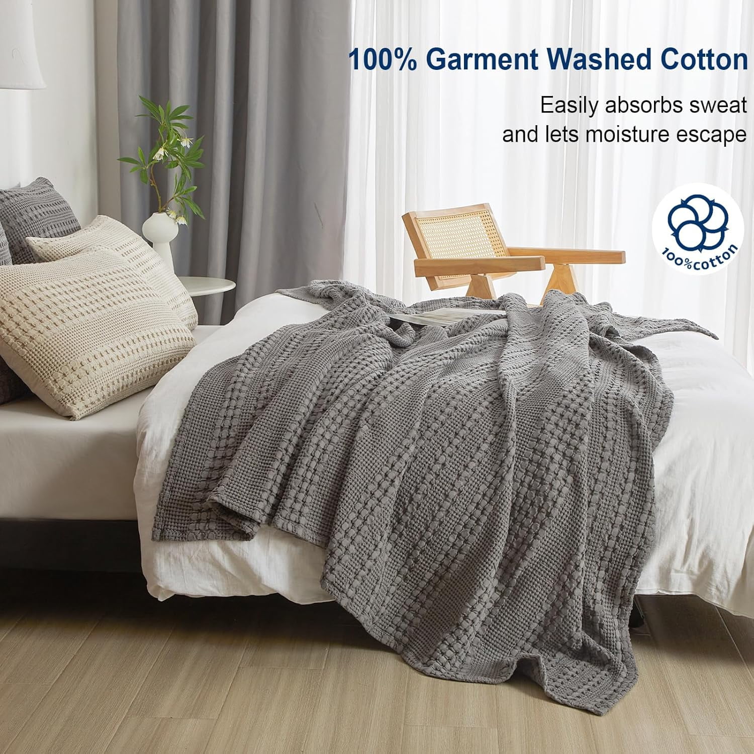 PHF 100% Cotton Waffle Weave Blanket, Lightweight King Washed Blanket for Bed Sofa Home Decor, Dark Grey, 108"x90"
