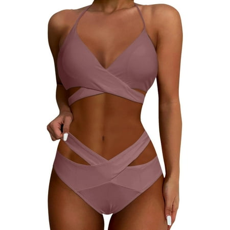 Hwmodou Bikini Sets For Women 2-Piece Sets High Waist Push Up Wrap Bra And Thong Bathing Suit Monkini Beach Swimsuit