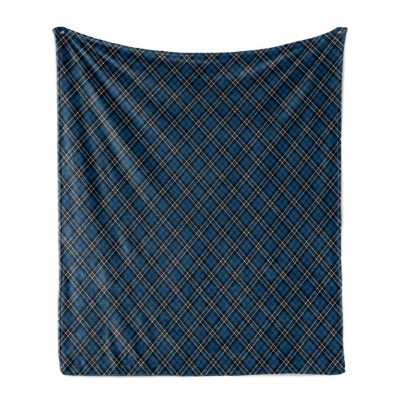 Abstract Soft Flannel Fleece Throw Blanket, Victorian British Tartan Pattern with Baroque Effects in Dark Tones Print, Cozy Plush for Indoor and Outdoor Use, 50" x 70", Blue Black White, by Ambesonne