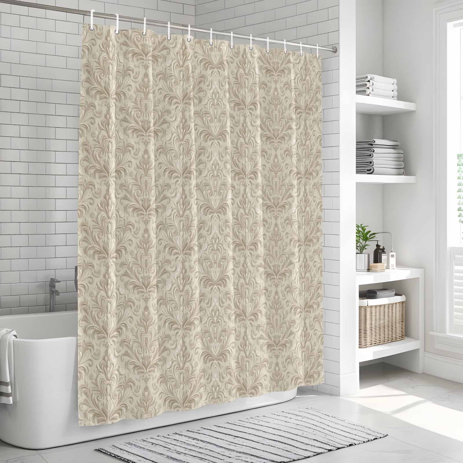 Beige Baroque Shower Curtain Set, Waterproof Shower Curtains for Bathroom, Farmhouse Scroll Floral Pattern Art Washable Fabric Cloth Bath Curtain for Bathtub Decoration with Hooks 72x78 Inches