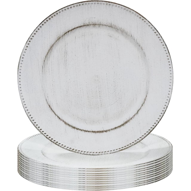 Juego de 12 platos redondos de 13 pulgadas, cargadores de placas blancas antiguas, cargador de plástico para platos de cena, cargadores de mesa con abalorio para bodas, fiestas
