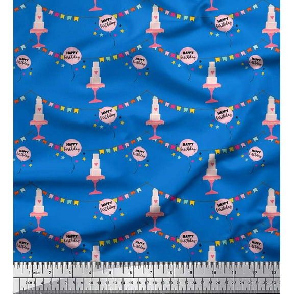 Soimoi Blue Cotton Duck Fabric Birthday Theme Party Decor Fabric Printed Yard 42 Inch Wide