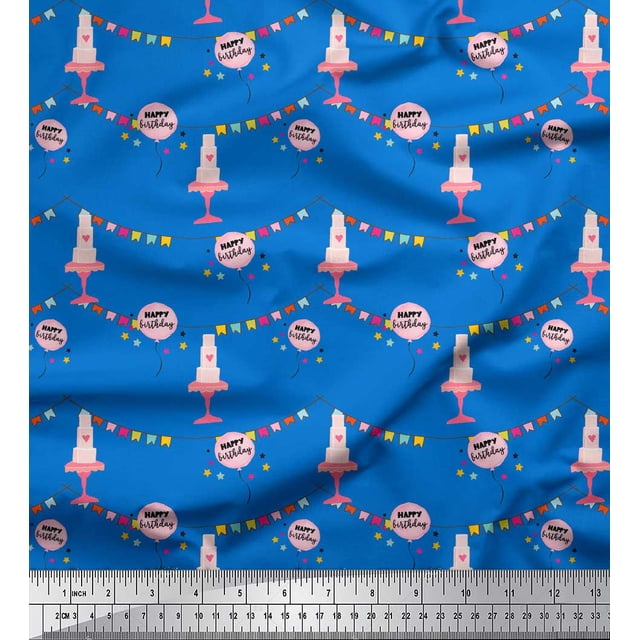 Soimoi Blue polyester Crepe Fabric Birthday Theme Party Printed Fabric 1 Yard 42 Inch Wide