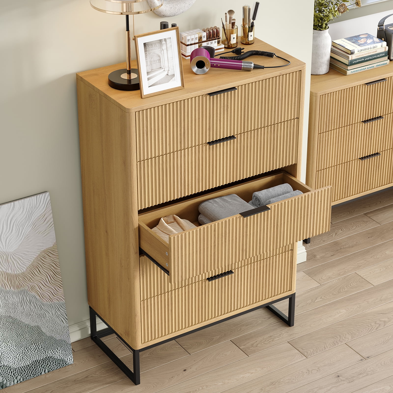Furnihold Fluted 5 Drawers Dresser,Storage Drawers,Modern Closet Dressers Chest of Drawers, Wood Storage Dresser Organizer for Bedroom