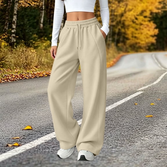 Nfurl Women's Sweatpants Pockets Wide Leg Pants Open Bottoms Baggy Sweatpants Elastic Waist Drawstring Loose Casual Pants Trousers Beige,M