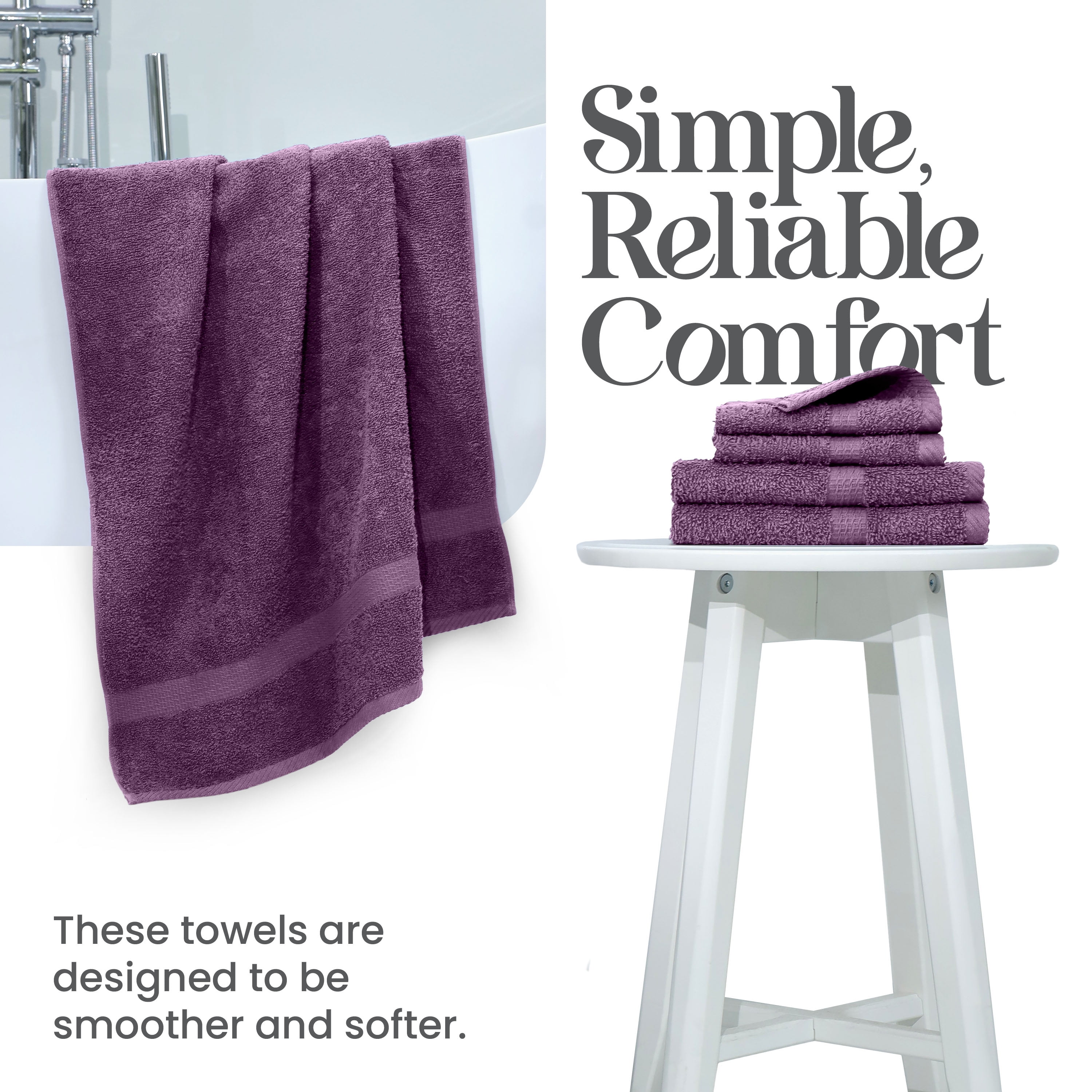 Utica 6-Piece Towel Set | 100% Cotton Soft & Absorbent Everyday Towels | Plum
