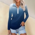 thumbnail image 2 of WTOBBY Women's Ombre Print Polo Shirt - Long Sleeve Casual V-Neck Zipper Detail Tops for Women, Spring Fall Fashion Comfort Stretch Gradient Design,Blue L, 2 of 7