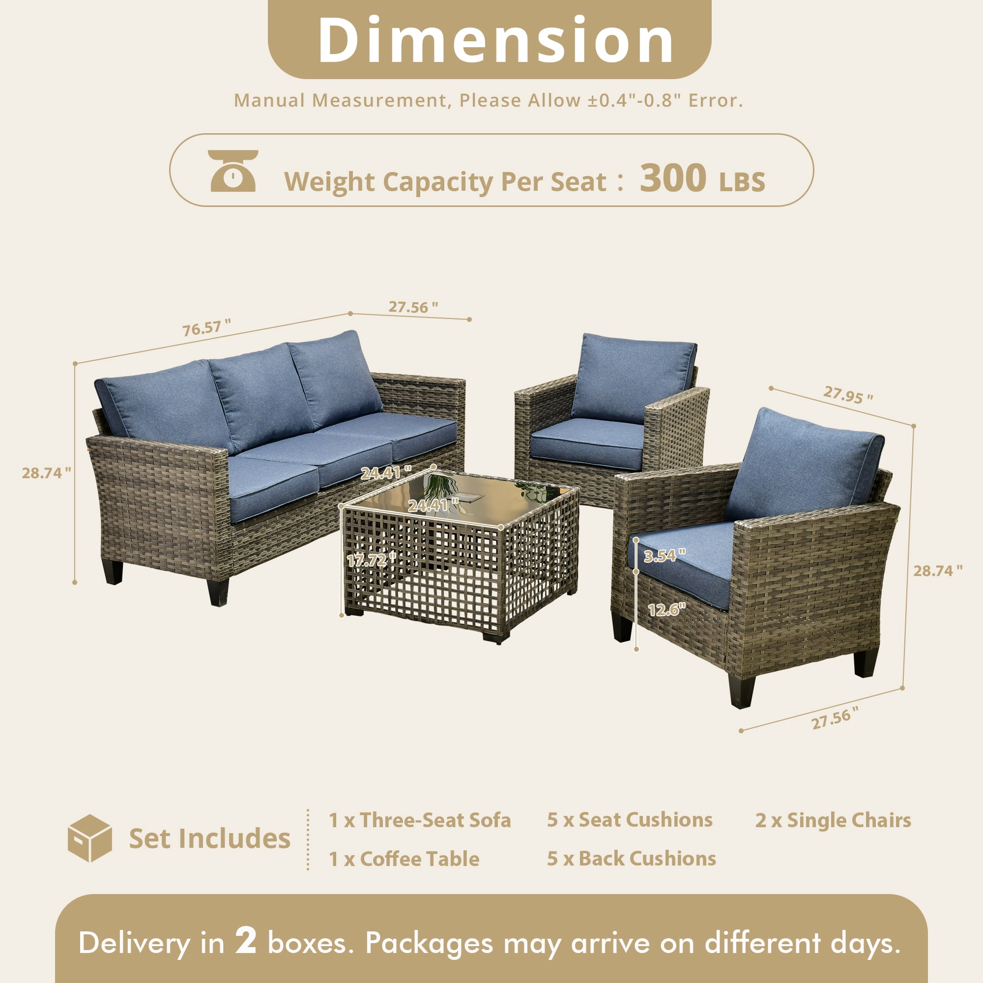 XIZZI Outdoor Patio Furniture Sets with Solar Coffee Table, All-Weather Wicker Rattan Outdoor Furniture Conversation Set for Porch, Patio, Backyard--Blue