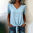 thumbnail image 3 of Craaazy Womens Summer Tops Short Sleeve Solid Color V Neck Button Front Tie Knot Cotton Linen Blouses for Casual Wear, 3 of 7