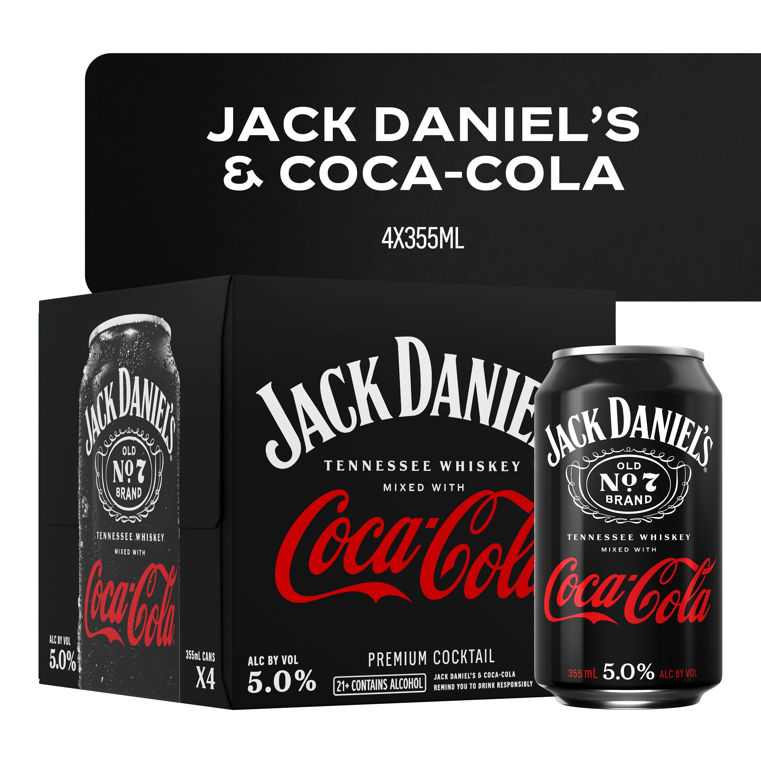 Jack Daniel's Tennessee Whiskey and Coca-Cola Ready to Drink Canned Cocktail, 4 Pack, 355 ml Cans, 5% ABV