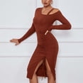 thumbnail image 4 of Gibobby Vestidos de suéter anchos Vestido ajustado elegante de color liso con manga larga y abertura en los hombros para mujer, perfecto para otoño/invierno(Marrón,G), 4 of 4