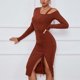 thumbnail image 4 of Gibobby Vestidos de suéter anchos Vestido ajustado elegante de color liso con manga larga y abertura en los hombros para mujer, perfecto para otoño/invierno(Marrón,XL), 4 of 4