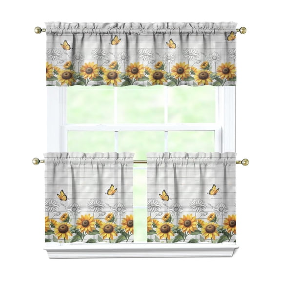 Sunflowers on the Grey Wooden Board 3 Piece Kitchen Curtains Sets with Valance for Windows Rod Pocket Machine Washable Kitchen Curtain Valance 3 Piece Set Decorations (54"x18" 2x27.5"x24")