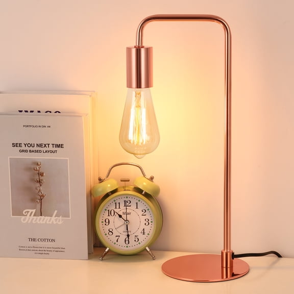 Rose Gold Industrial Table Lamp, Curved Metal Desk Lamp with On/Off Switch Cord, Modern Reading Lamp for Bedroom Nightstand, Office Desk