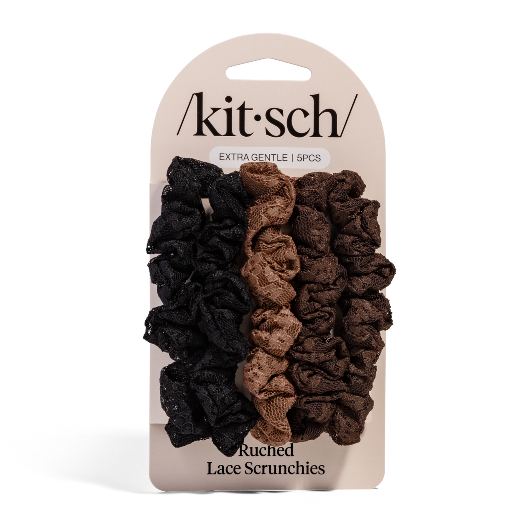 Ruched Lace Scrunchies 5pc Set - Black, Chocolate & Mocha