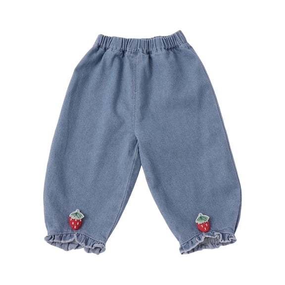 JLMSPLWG Baby Girl Preppy Jeans with Strawberry Ruffled Hem Toddler Wide Leg Pants Newborn Trendy Personalized Soft Denim Jean Trousers Cute Elastic Waist Pants Kids Clothes