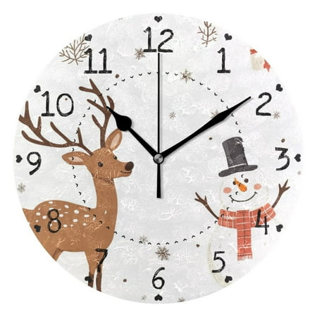 Snowman Elk Leaves Present Snowflakes Christmas Round Wall Clock Silent Analog Battery Operated