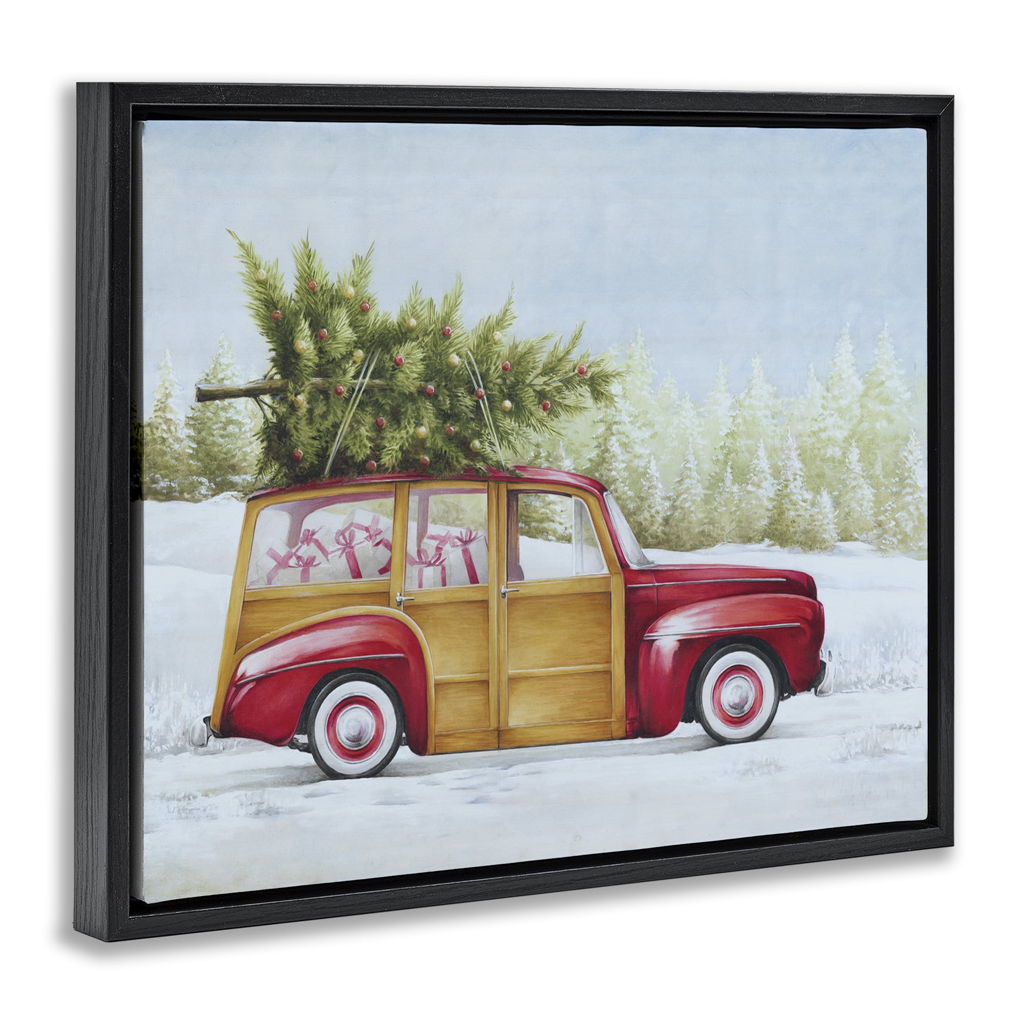 Stupell Industries Holiday Fun Filled Car Holiday Painting Black Floater Framed Canvas Art Prints Wall Art, 21 x 17