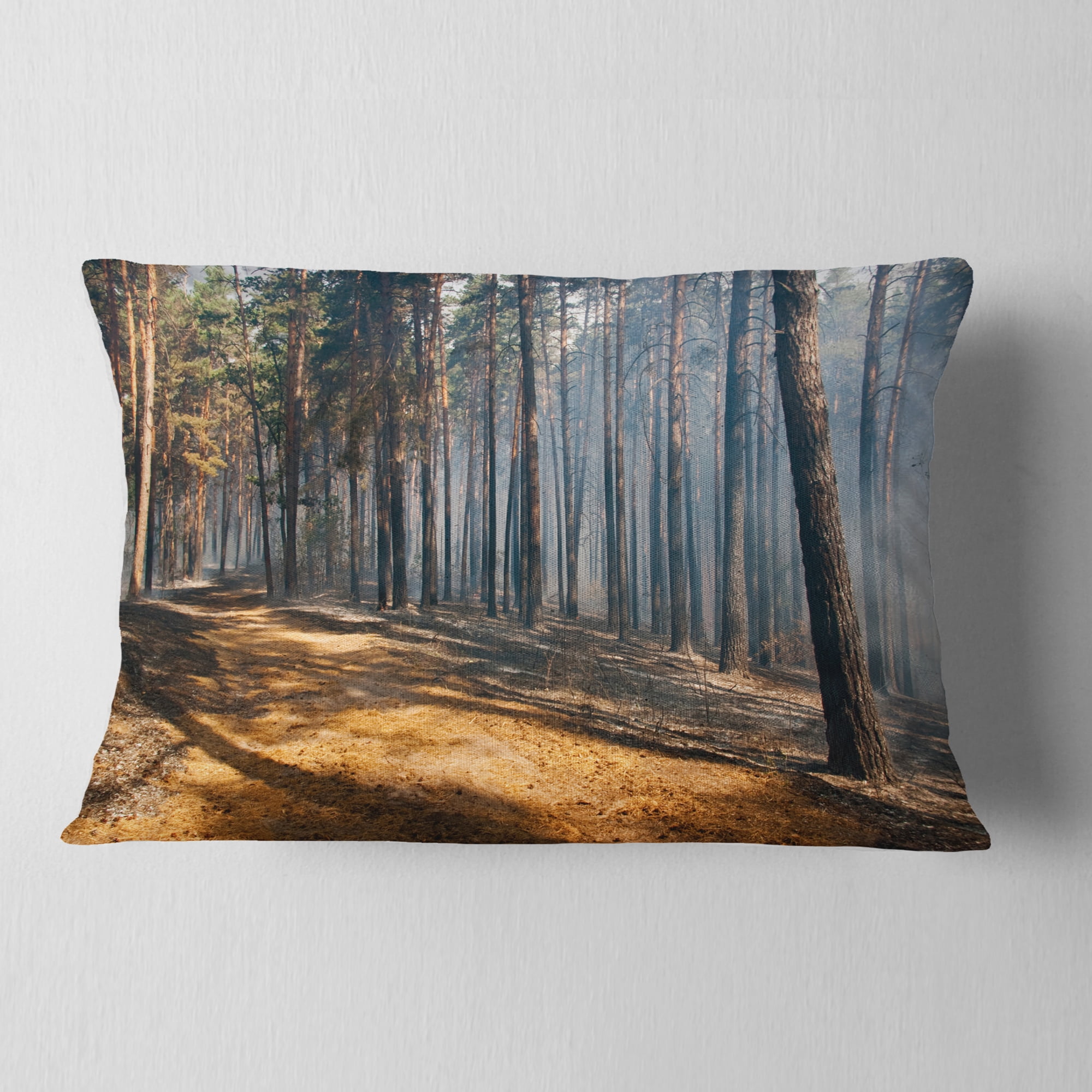 Designart Fire in Forest with Flame and Smoke - Modern Forest Throw Pillow - 12x20