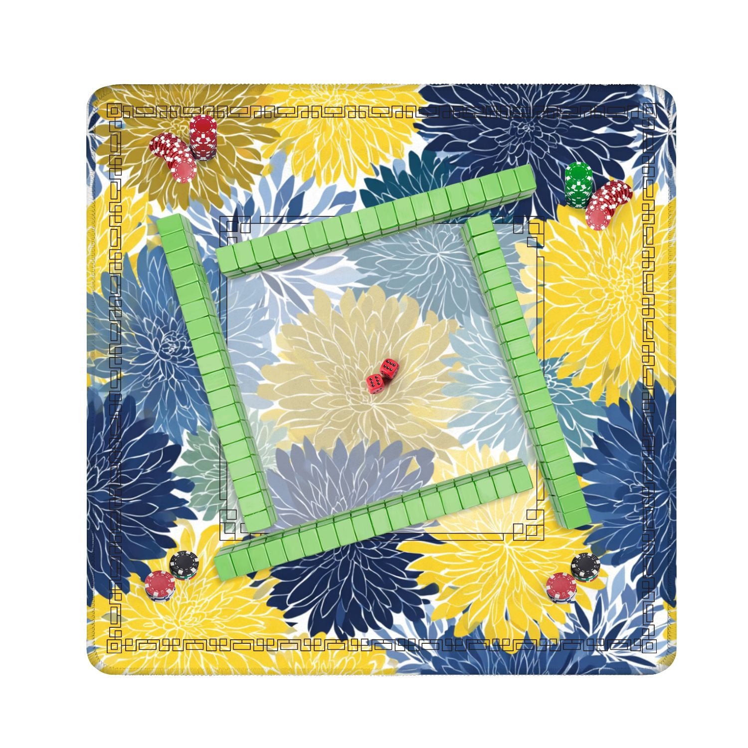 Mahjong Mat 31.5" x 31.5" Spring floral seamless Blue yellow navy Chrysanthemum Non-Slip Noise Reduction American Mahjong Tiles Table Cover for Dominoes Poker Card Board Games Gift