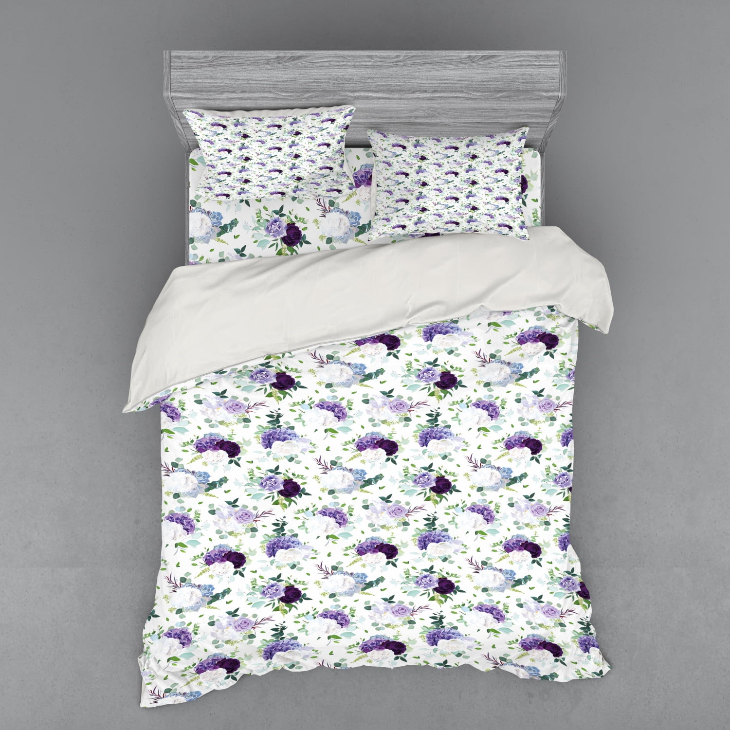 Floral Duvet Cover Set, Repetitive Lilac Tones Flowers Hydrangea Rose
