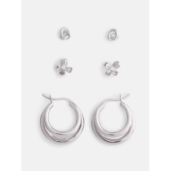 Free Assembly Women's Demi Fine Silver Plated Hoop and Stud Earring Set, 3-Pairs
