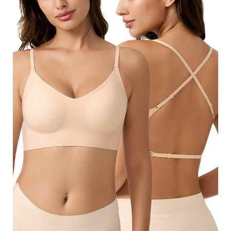 Exerin Women s Seamless Bras Wirefree Low Back Backless Comfort Multiway Convertible Bra(Beige S)