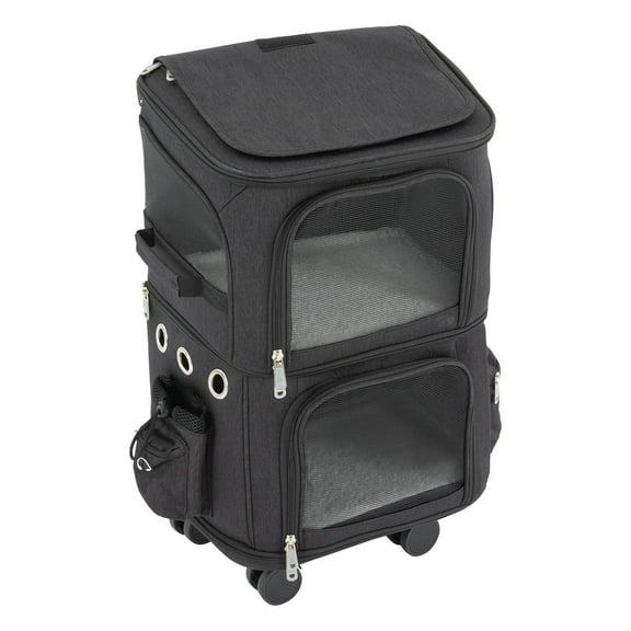 2-Tier Dog Trolley Bag Double-Compartment Pet Rolling Carrier Cat Bag with 4x Wheels 22.05 lbs