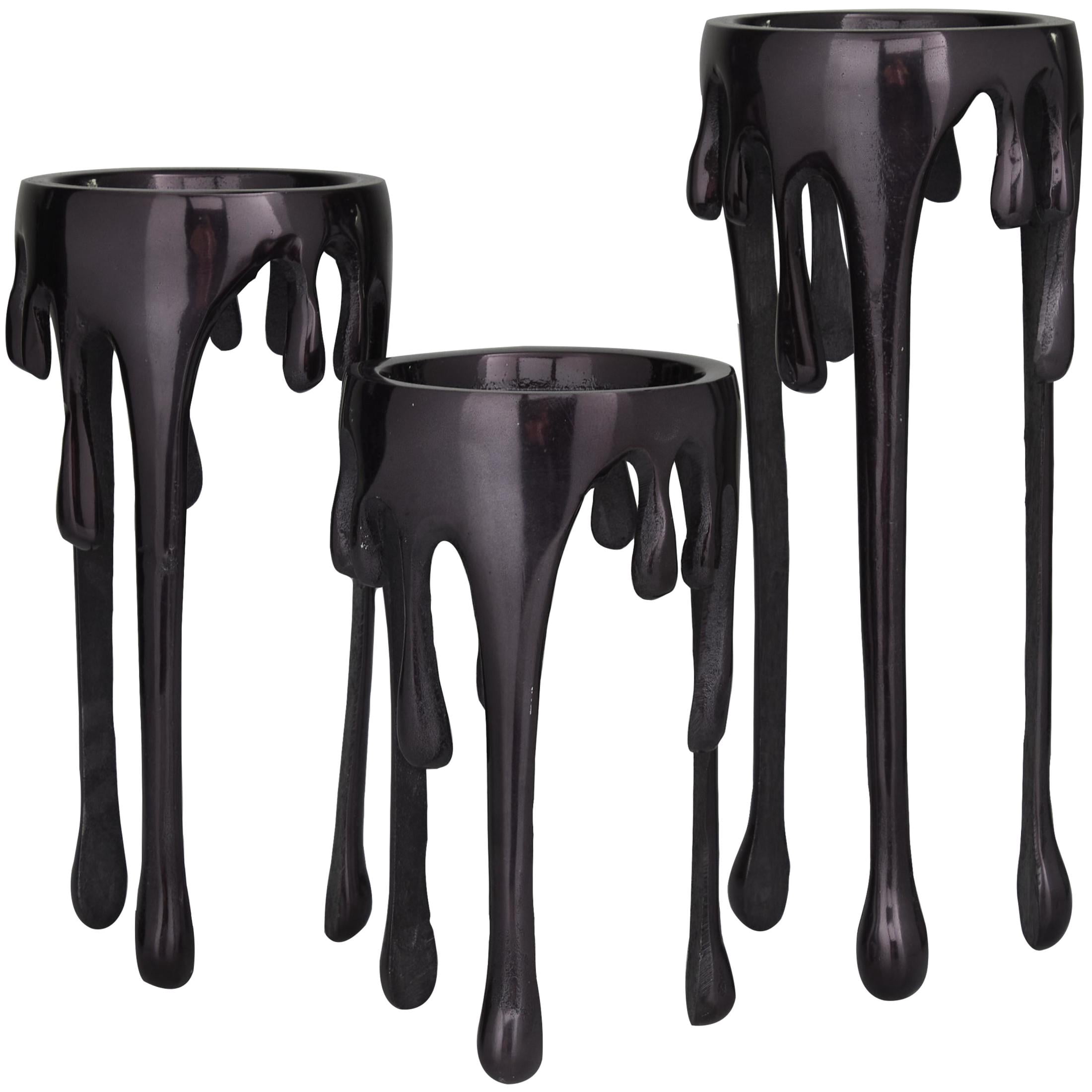 CosmoLiving by Cosmopolitan Contemporary Aluminum 3D Melting Candle Design Candle Holder, Set of 3 12" 10" 8" with Glossy Metallic Black Finish