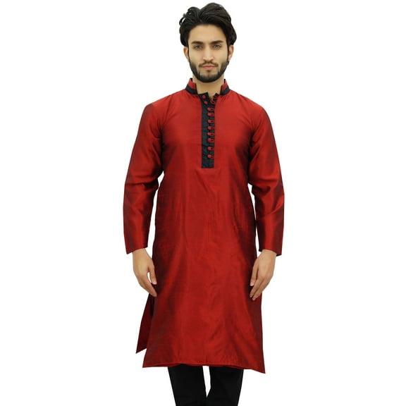Atasi Men's Long Kurta Maroon Dupion Ethnic Bollywood Style Shirt-XX-Large