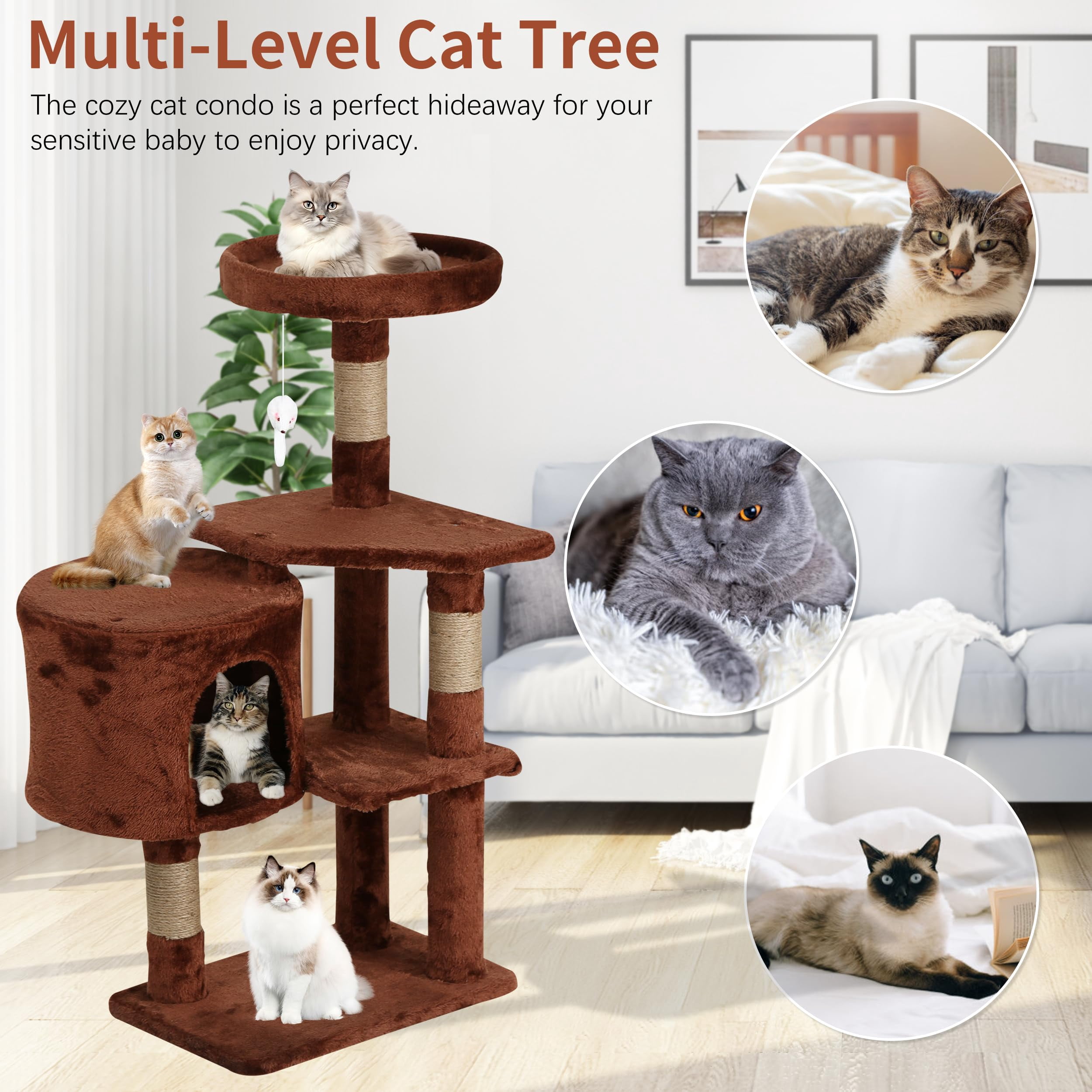 NiamVelo 36 Inch Cat Tree Cat Tower for Small Cats, Plush Multi-Level Cat Condo with Scratch Post Kittens Playhouse Furniture Set, Brown