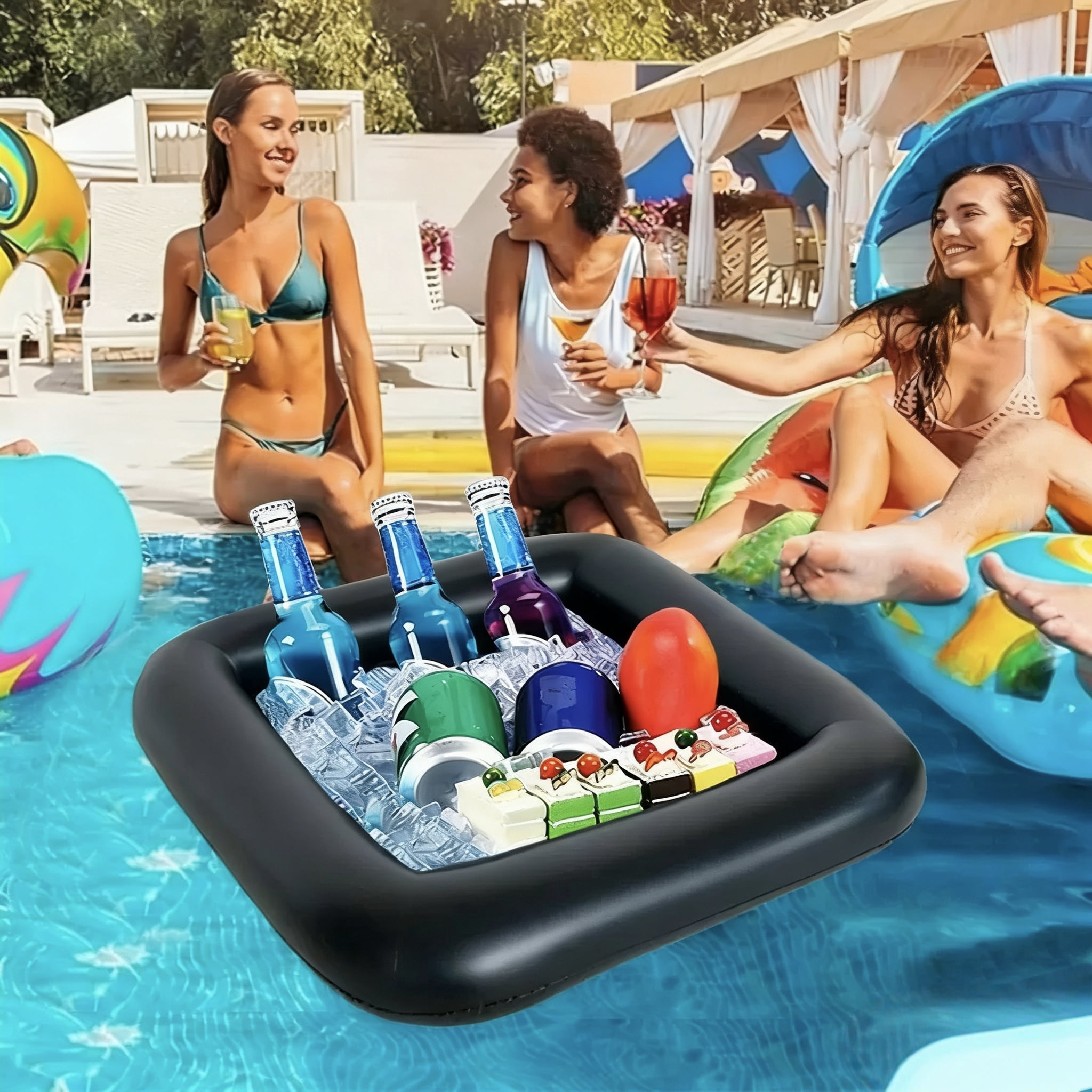 FENLEI Inflatable Ice Serving Bar Pool Party Buffet Drink Cooler Floating Food Drink Container with Inflator (Black 2 Big and 2 Small)
