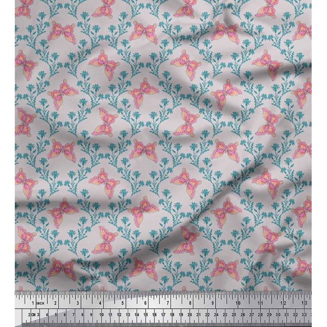 Soimoi Gray Polyester Crepe Fabric Flower & Butterfly Print Fabric by The Yard 52 Inch Wide