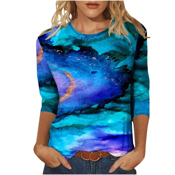 Camisas Para Mujer Moda Tops Camiseta Estampada Media Longitud 3/4 Mangas Blusa Cuello Redondo Casual Odeerbi ODB123706