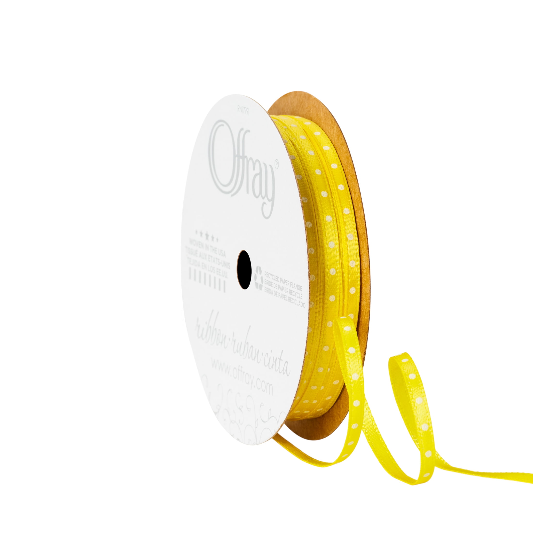 Offray Ribbon, Yellow 1/8 inch Dot Satin Ribbon, 15 feet