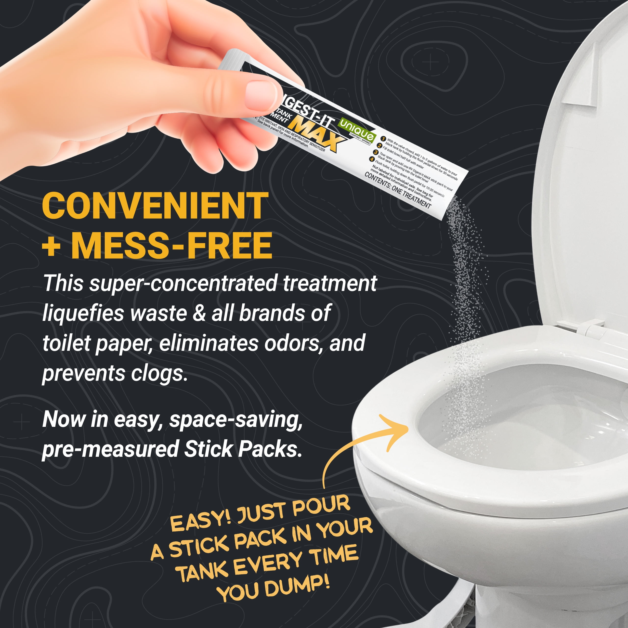 Unique RV Digest-It Max RV Toilet Treatment Stick Packs, 15 Count Grab-and-Go RV Tank Treatment, No-Mess, Pre-measured, Liquefies Waste and Paper, Odor Eliminator