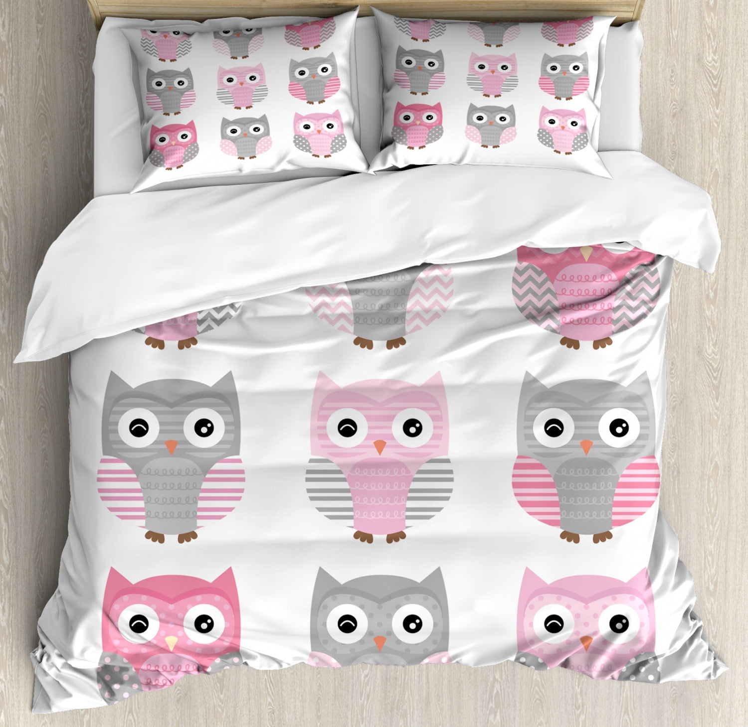 Pink and Grey Duvet Cover Set King Size, Cute Owl Figures Nocturnal ...