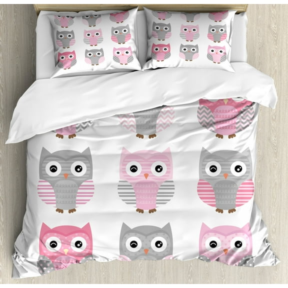 Pink and Grey Duvet Cover Set Queen Size, Cute Owl Figures Nocturnal Exotic Mystic Forest Night Animals Illustration, Decorative 3 Piece Bedding Set with 2 Pillow Shams, Blush Grey, by Ambesonne