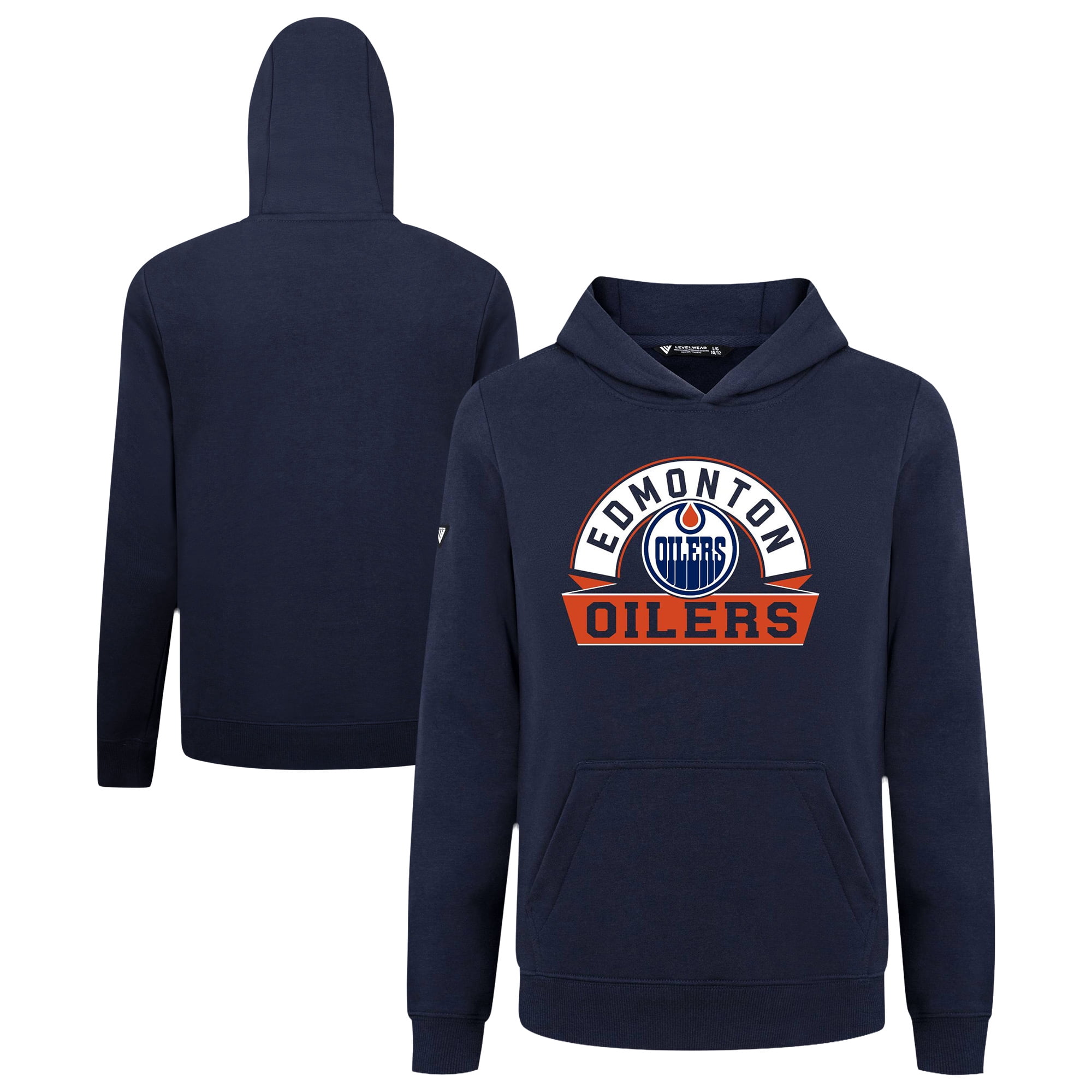 Youth Levelwear Navy Edmonton Oilers Podium Banner Arch Pullover Hoodie