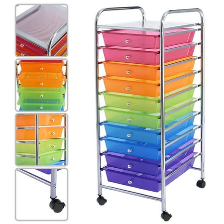 GHP Home/Office White 14.6"Dx12.8"Wx33.8"H Multicolor 10 Drawer Rolling Storage Cart