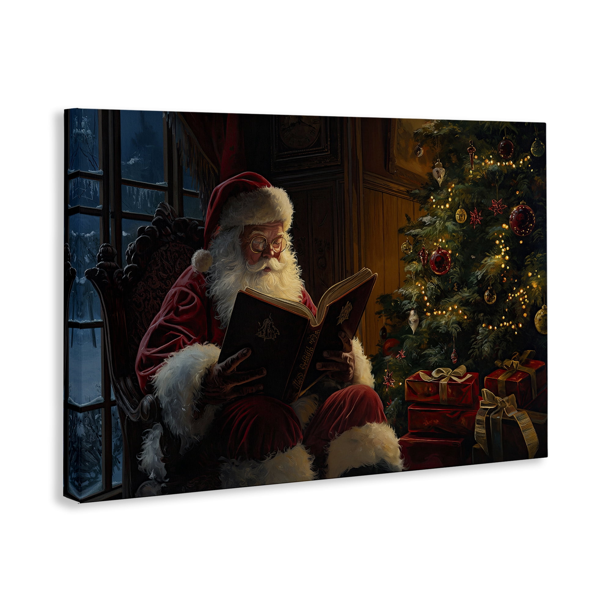 Stupell Industries Santa Reading by Tree Holiday Painting Gallery Wrapped Canvas Art Prints Wall Art, 30 x 20