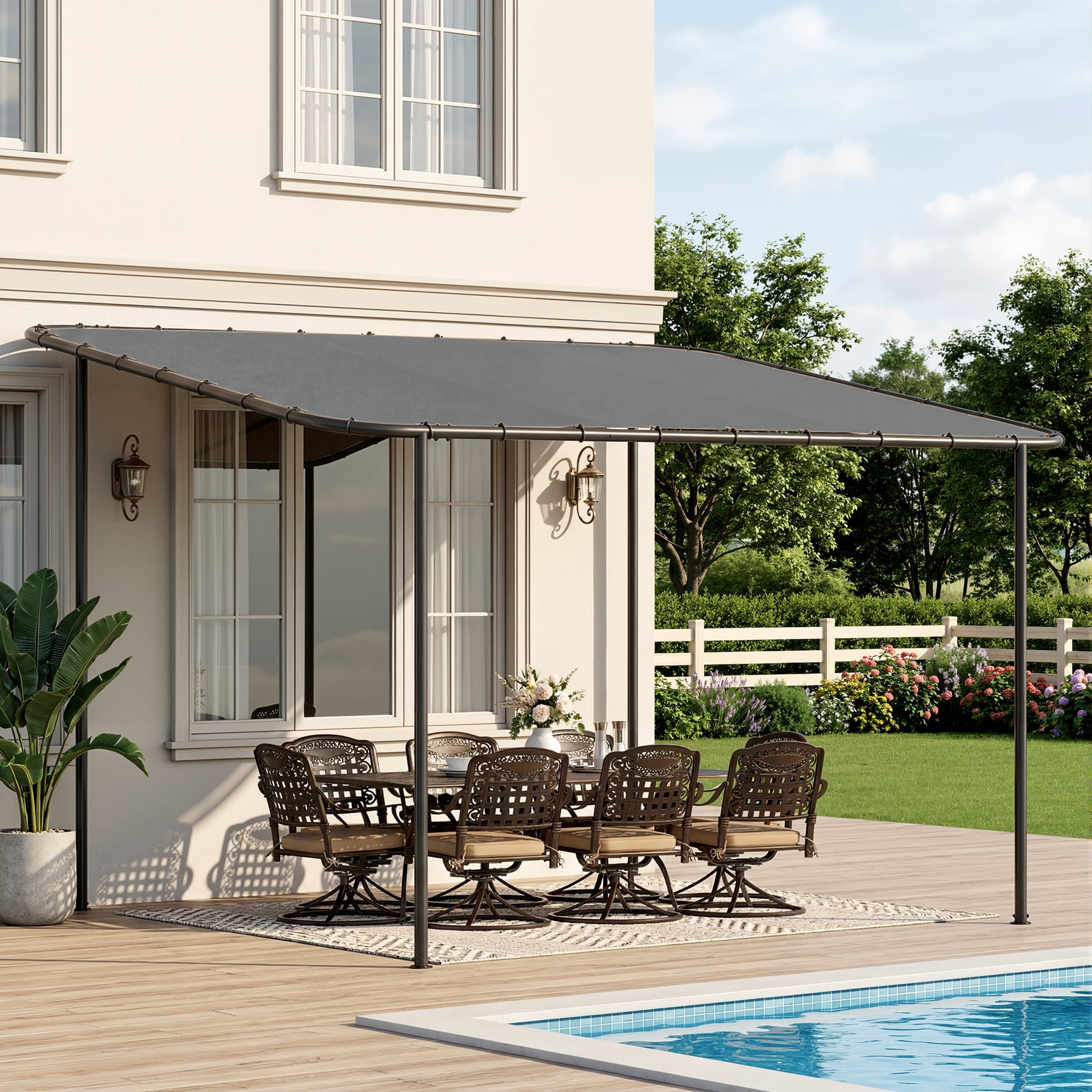 Haverchair 10x12Ft Lean to Gazebo, Outdoor Pergola with Patio Cover for Shade and Rain, Wall Mounted Gazebos Pergola with Awnings, Metal Frame for Outside Backyard, Deck, Garden, Poolside