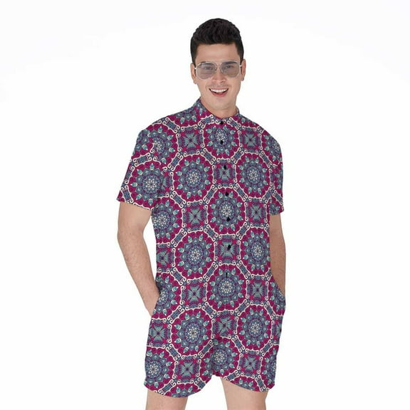 Magenta Mandala Bohemian Pattern Short Sleeve Men'S Rompers Casual Summer Jumpsuits Outfit