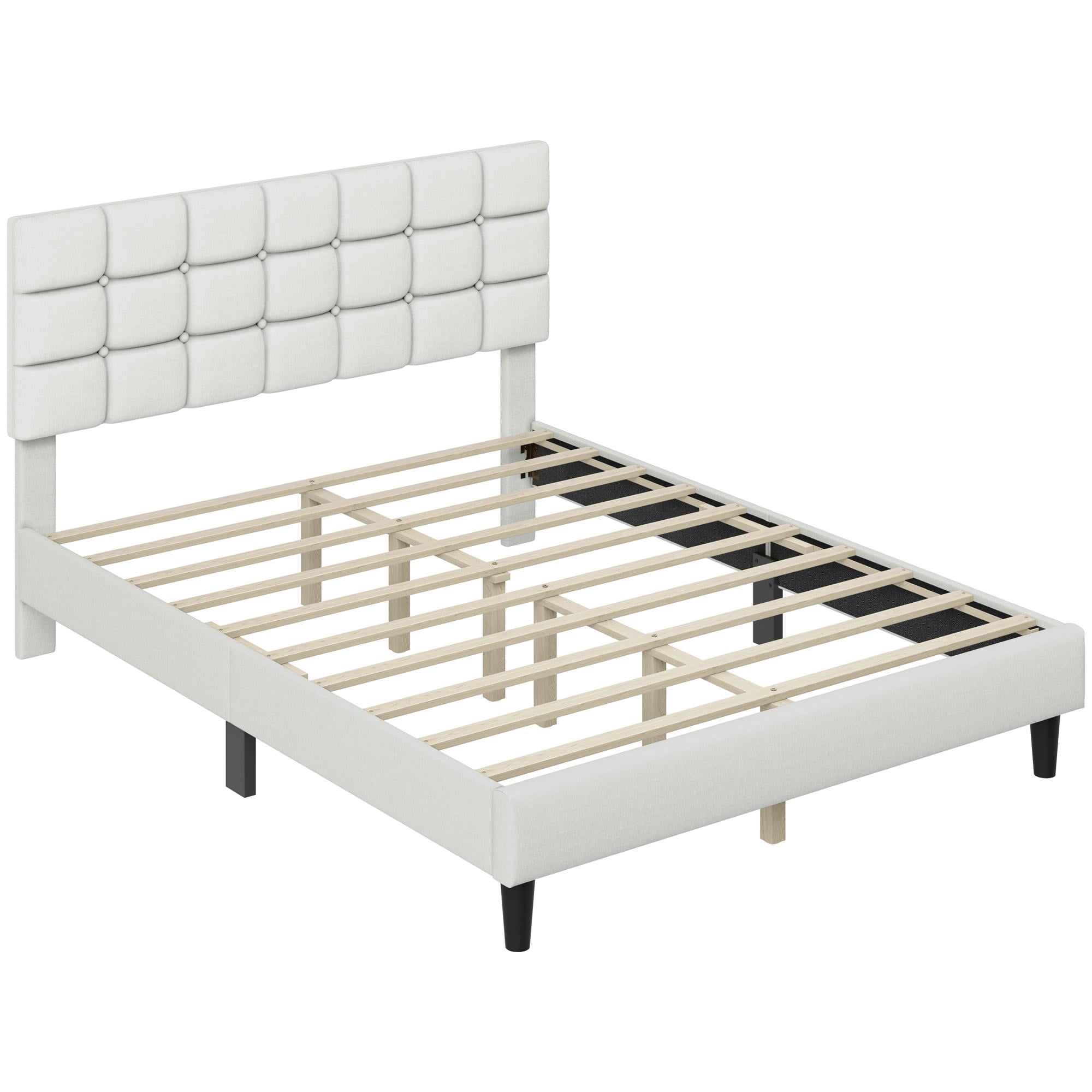 Renwick Queen Size Upholstered Platform Bed with Square Tufted Headboard for Adult, Beige