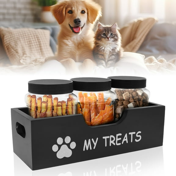 Austok Dog Treat Container Wood Dog Treat Holder with 3 Plastic Jars Reusable Cat Food Container Decorative Pet Food Container for Pet Owner and Pet Lover