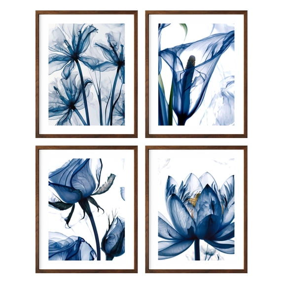 Botanical Framed Prints Wall Art Set of 4,Flowers Plants Framed Wall Art,Blue Tulip X-Ray Flower Wall Art,8x10 Botanical Wall Art with Blue Watercolor Flowers Deckled Edge Print for Bedroom