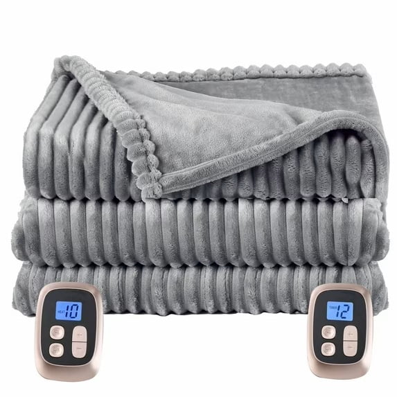 SUNNY HEAT Heated Electric Blanket Ribbed Flannel 84"x90" Queen Size - 10 Heating Settings & 2/4/6/8/10/12 Hours Auto off, Quick Heating Washable - Grey